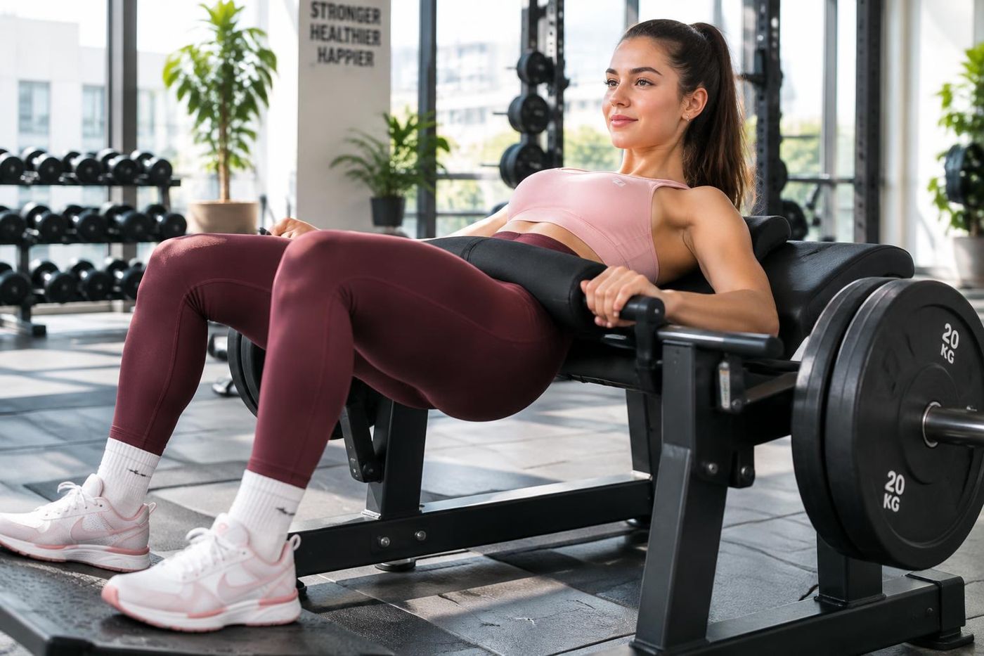 Chica entrenando glúteo en máquina